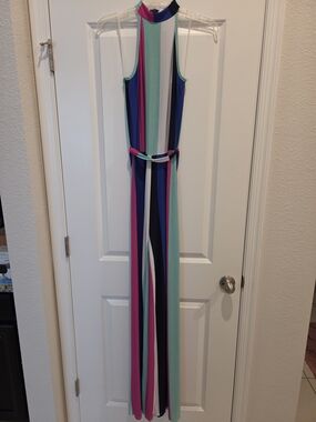 Striped Halter Jumpsuit in Teal, Navy & Pink